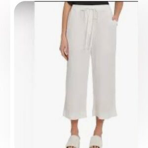 DKNY Pure White Elastic Waist  Crop Linen Pants. XL. Pockets Drawstring wide leg